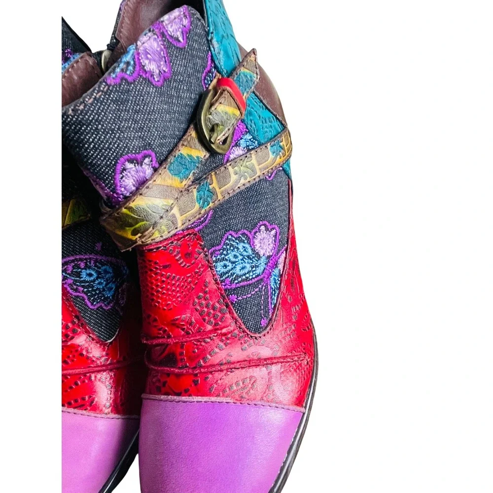 Socofy Patchwork Butterfly Embroidered Ankle‎ Boots Floral Block Heel 36 US 5.5